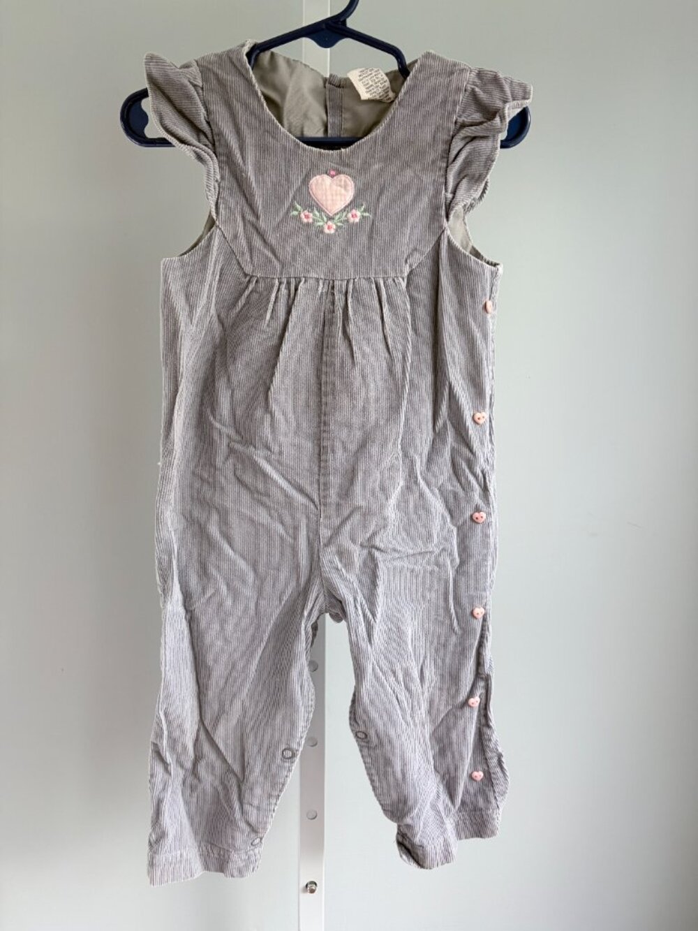 Vintage Gray Corduroy Baby Romper Pink Heart Embroidery Cottagecore 24M Girls - Picture 2 of 6